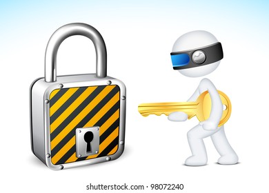 illustration of 3d man in fully scalable vector with lock and key