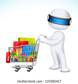 illustration of 3d man in vector fully scalable with shopping cart full of product