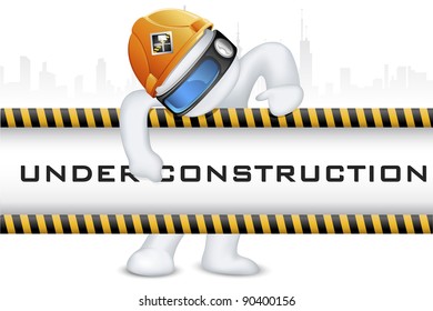 illustration of 3d man in vector fully scalable wearing hard hat on under construction signboard
