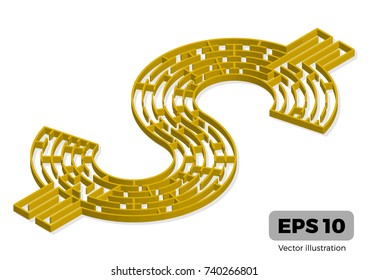 Illustration of a 3d maze shaped like a dollar sign. Vector illustration.