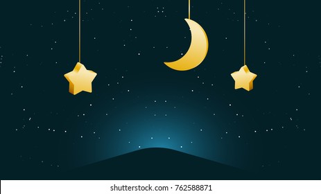 Illustration 3D moon and star hanging in the dark sky at night. 
