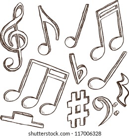 Illustration of 3d notes and clefs - hand drawn style