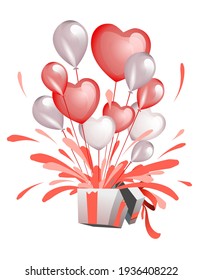 Illustration 3D Open Geschenkbox mit Red Hearts Love ist in der Luft und Ballon Surprise Party Shopping-Poster einzelne Vektorgrafik