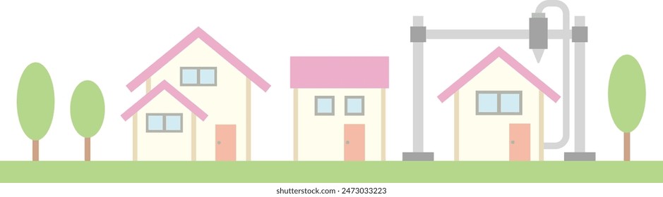 Ilustración de una impresora 3D construyendo una casa en una zona residencial