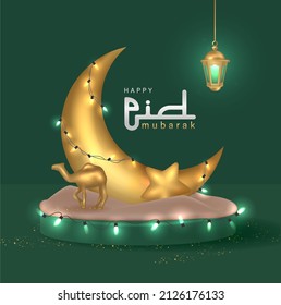 Illustration of 3D Realistic Golden Crescent Moon on Round Podium with Lamps and Hanging Lantern Design, Eid Mubarak Minimalist and Modern Template