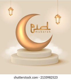 Illustration of 3D Realistic Golden Crescent Moon on Round Podium Design, Eid Mubarak Minimalist and Modern Template