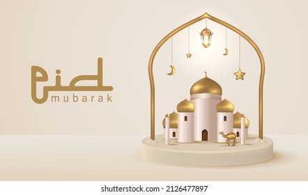 Illustration of 3D Realistic Golden Dome Mosque in Arabian Window Style for Eid Mubarak Template Vector Illustration, Mini Mosque 3D on Round Podium with One Color Background