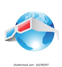 Illustration of 3d Red Blue Glasses and World isolated on a white background