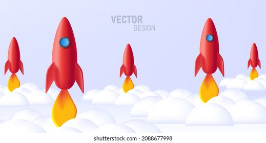 Illustration of 3d rockets in red black and white colors in cloud, render style graphic