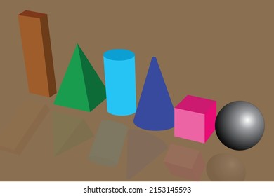 illustration of 3d shapes cube, cylinder, cone, sphere, etc.,