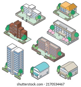 Illustration of 3D shapes of various buildings. 