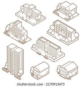 Illustration of 3D shapes of various buildings.