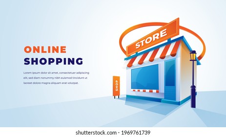  illustration 3d Store and online shopping, with clean elegant 3D design. Vector