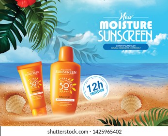 illustration of 3d Sunscreen ads on beautiful beach and tropical plants, seashell decorations