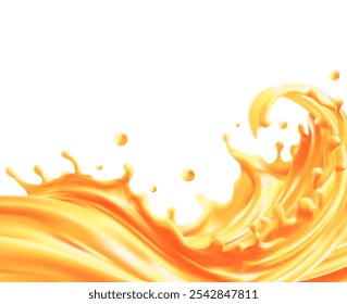 Illustration 3d vector realistic Oil splash set. Yellow river flow. Fuel drops. Gold liquid crown. Macro drip cream. Fruit juice, orange juice .Realistic Mesh gradient is used