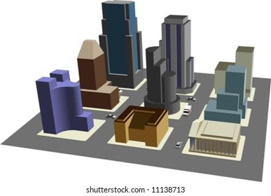 Illustration of 3D view of 9 blocks of a model city, with clipping path