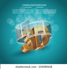 Illustration of 3D word in golden glass with cinema roll