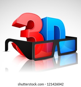 illustration of 3D word written in red and blue color with 3D glasses