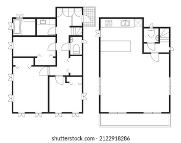 Illustration 3LDK + DIN of the floor plan of a single-family house and a detached house. , My home sketch, black and white.