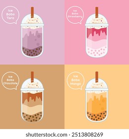 Illustration of 4 boba drinks with taro, strawberry, chocolate and mango flavors.