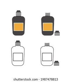 The illustration is 4 closed and open  betadine bottles, flat and outline models