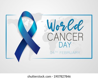 Illustration Of 4 February World Cancer Day Poster Or Background. Blue Ribbon on Grey Background