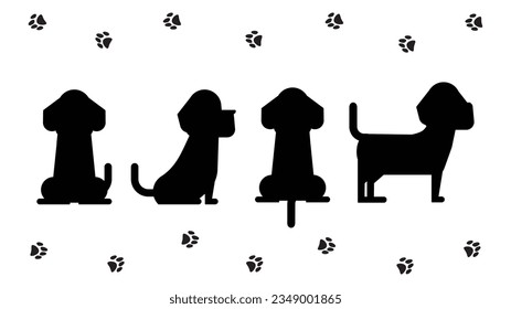 Ilustración de un conjunto de 4 posiciones de una silueta beagle.