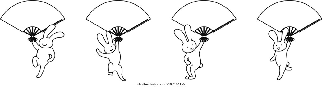 Illustration of 4 rabbits dancing with folding fans. Black and white.