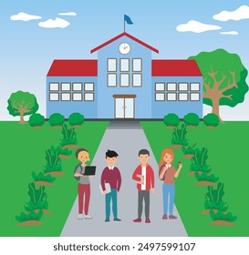 Ilustración de 4 estudiantes que van al campus