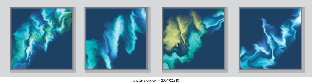 Illustration in 4 variations. Fluid art for clothing or stationery. The frame and background are separate from the main image. Each illustration is a separate object