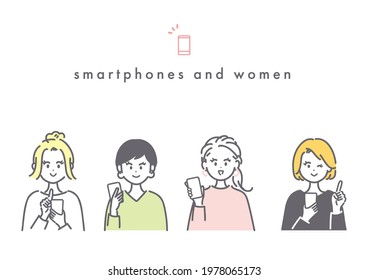 Illustration of 4 women using smartphones. vector.