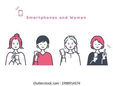 Ilustración de 4 mujeres usando smartphones. vector.