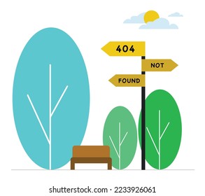 Illustration: 404 error not found park view with trees, bench, and street sign. Flat, colorful, web-themed, simple, and clean design for a visually engaging representation.