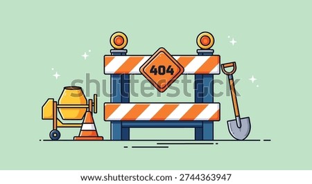 Illustration of a 404 error page with an under construction barrier, cement mixer, and shovel, symbolizing a website or page that is currently unavailable or being worked on.