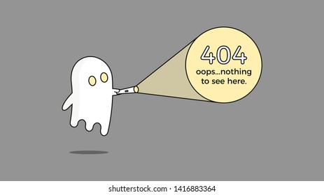 Illustration for 404 error. Vector webpage template concept for Page not found problem. Creative character design with a ghost and flashlight