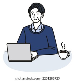 Illustration of 40s or 50s man using computer