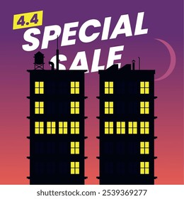 Illustration of an 4.4 Special Sale night cityscape. Two tall buildings with glowing windows form the number '44' against a purple evening sky, adding a unique urban flair.