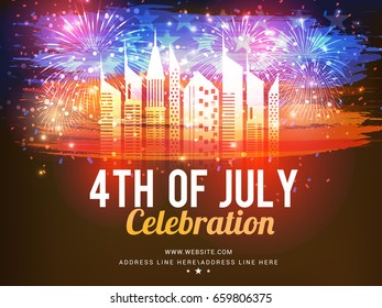 Illustration Of 4th Of July Celebration,American Independence Day Shiny Fireworks background.  