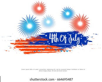 Illustration Of 4th Of July Celebration,American Independence Day,Paint Brush USA Flag On Fireworks background.  
