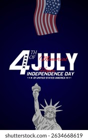 Illustration of 4th of July with Statue of Liberty, USA flag, and Happy Independence Day message. Perfect for patriotic designs and celebration themes.