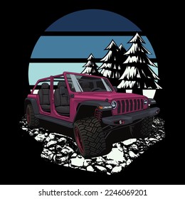 Illustration of 4x4 car off roading in winter season. Best off road SUV with pink color. Perfect for automotive enthusiasts or car lovers.