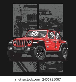 illustration of a 4x4 cartoon car with a background of several cars in action