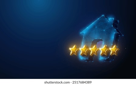 Illustration of 5 gold stars over house in low poly style. Blue geometric background depicting five star customer rating on hotel, residence, real estate concept by wireframe connection structure