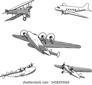 Illustration of 5 vintage airplanes.