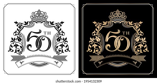 illustration of 50th Golden anniversary symbol with royal crown emblems, two variation gold and monochrome design isolated black and white backgrounds. applicable for greeting cards, invitation etc.