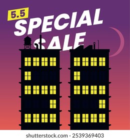 Illustration of an 5.5 Special Sale night cityscape. Two tall buildings with glowing windows form the number '55' against a purple evening sky, adding a unique urban flair.