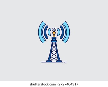 Abbildung eines 5G-Zellenturms, der Signalwellen aussendet