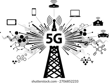 Ilustración de la conectividad de transmisión de la torre de red 5g a varios dispositivos inteligentes y que representa la tecnología futura
