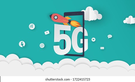 Illustration of 5g technology and social media with rocket speed