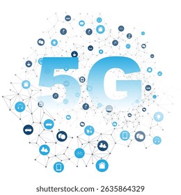 Ilustración de la tecnología de red inalámbrica 5G e Internet de las cosas, con una red poligonal de dispositivos inteligentes conectados e iconos para la movilidad, la comunicación y la automatización sobre fondo blanco
